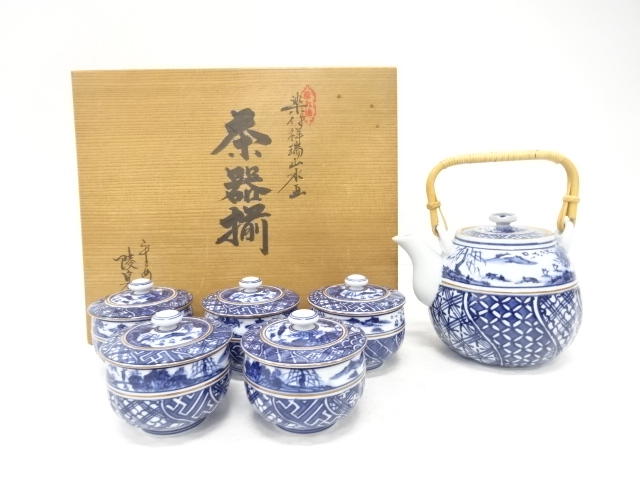 Kiyomizu ware, set of tea utensils, Shozui landscape painting in underglaze blue